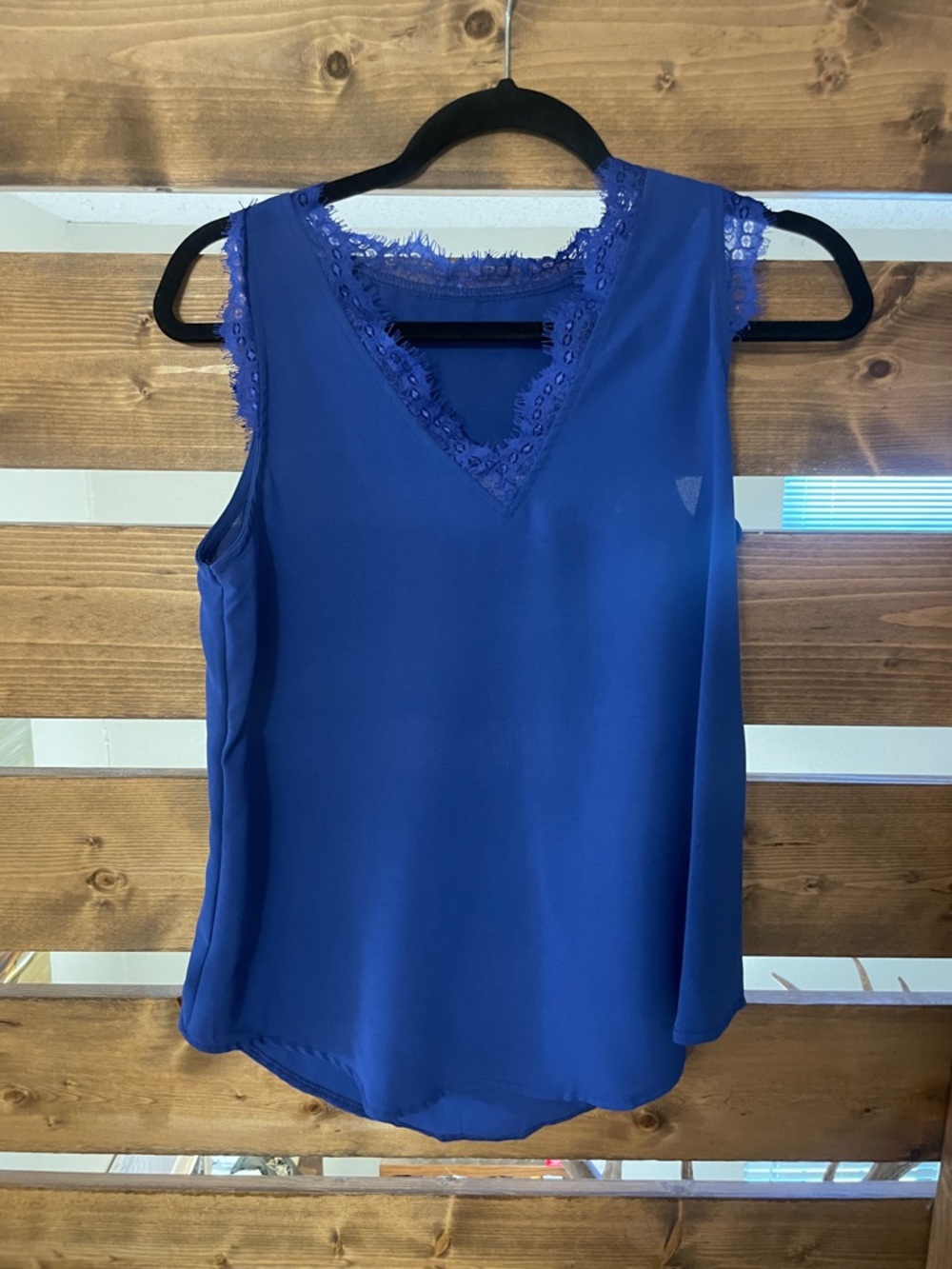 Royal Blue and wine red Lace Trim Sleeveless V-Neck Blouse